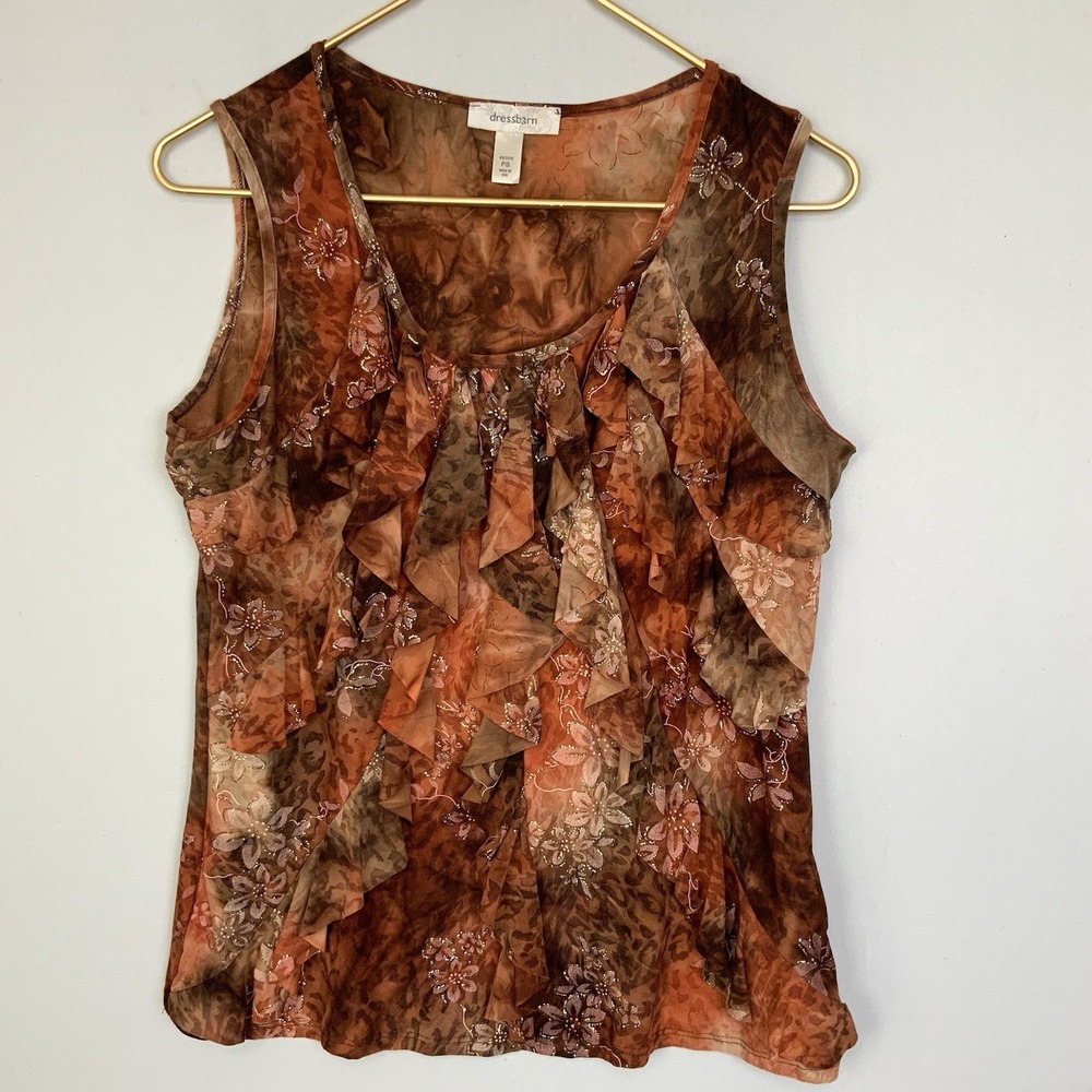 Orange Brown Ruffle Front Glitter Floral Leopard Mixed Print Forest Fairy Top S